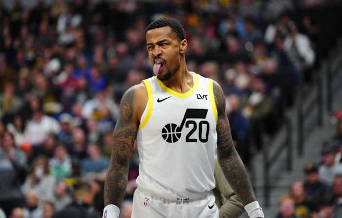 Utah Jazz forward John Collins (20) reacts in the fourth quarter against the Denver Nuggets at Ball Arena.